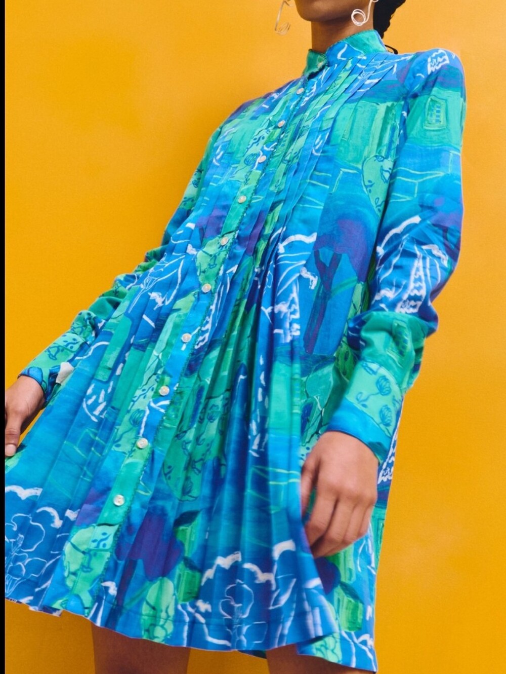 NEW De Loreta Blue Green Pleated Scallop Lace Detail Ling Sleeve Shirt Dress S
